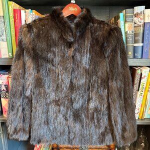 Vintage SAGA Mink Fur Jacket – Black/Brown Corded Design (Size S, 6–8)